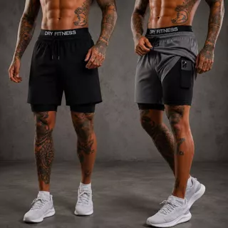 Kit 2 Shorts 2 em 1 Masculino Dry Fit Bermuda Compressão Elastano Bolso Celular Academia Corrida Secagem Rápida