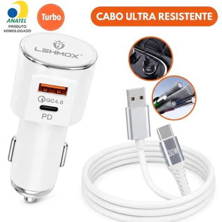 Kit Carregador Veicular Turbo 30W Carro USB e Tipo-C Compatível com iPhone e Android Tomada Automotiva de Alta Velocidad
