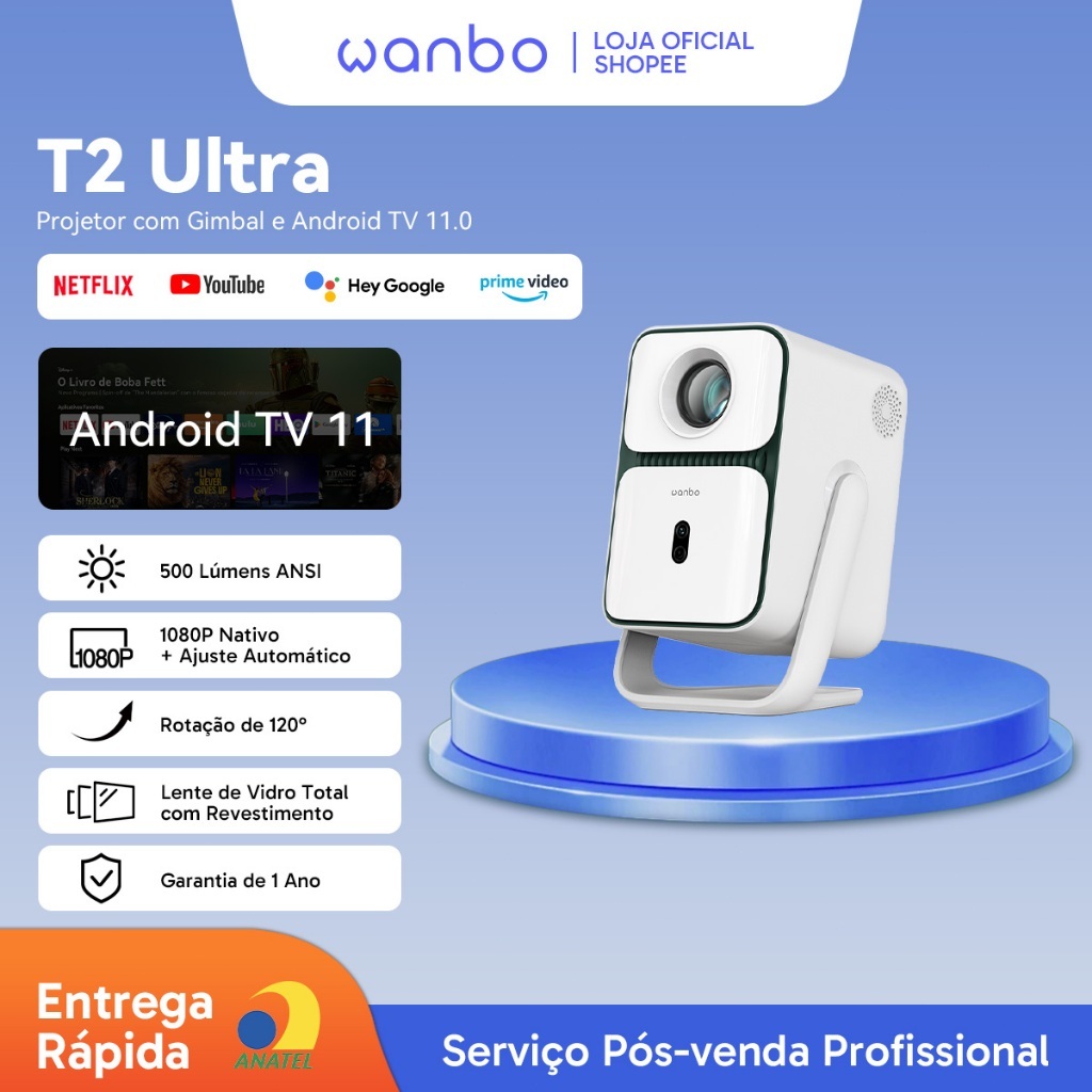 Projetor Portatil Inteligente Wanbo T2 Ultra Netflix Oficial 1080P