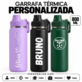 Squeeze Garrafa Térmica 800ml Personalizada com Nome Time Esportiva Inox Ideal Trabalho Academia Escritório e Viagens