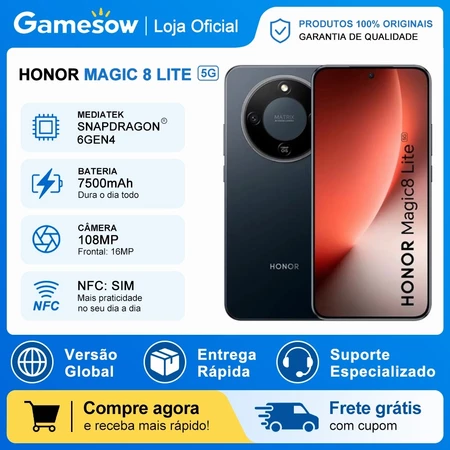Honor Magic 8 Lite 5G Versão Global 512GB e 8GB RAM Processador Snapdragon Snapdragon 6 Gen 4 Bateria 7500mAH