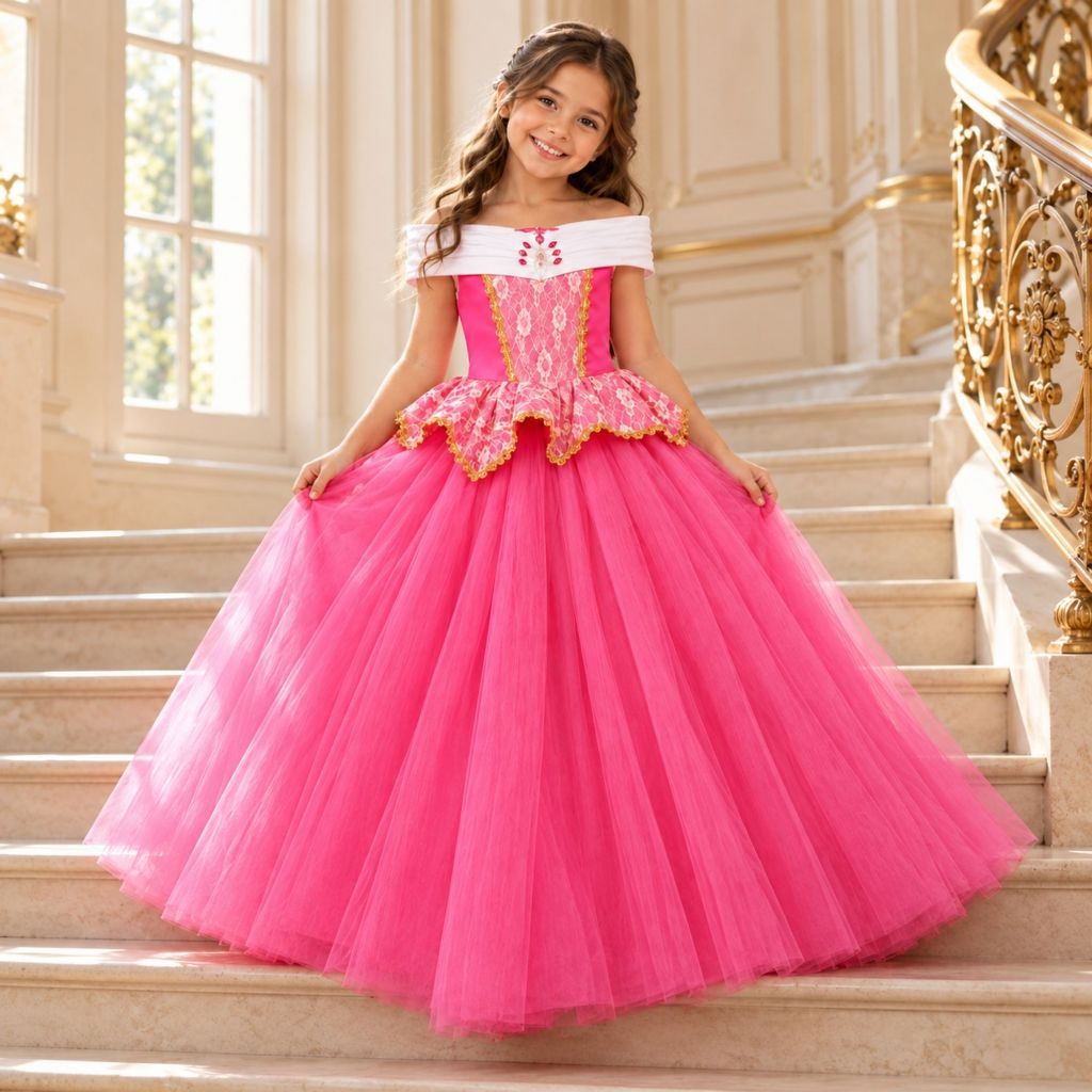 Vestido de Princesa Infantil Rosa Fantasia Luxo Saia Volumosa Tule ...
