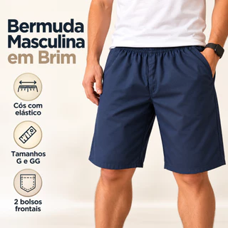 Bermuda Masculina Premium Brim Cós Elástico com Cordão Confortável Casual