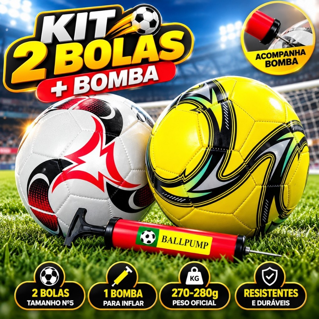 Kit 2 Bola de Futebol +1Bomba de Ar Manual Portátil Para Encher Bola Tamanho Oficial Couro Sintético