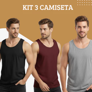 Kit 3 Camisa Masculina Algodão Regata Lisa Academia