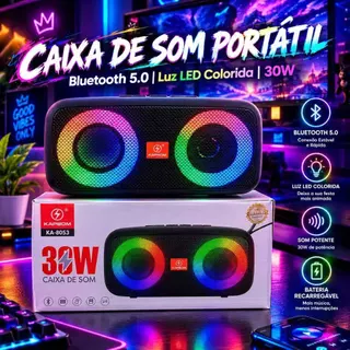 Caixa de Som Bluetooth Portátil KA-8053 30W com LED e 2 Alto-falantes