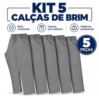 Kit 5 Calças Masculinas Brim 240g Uniforme Profissional Trabalho com Elástico e Bolsos