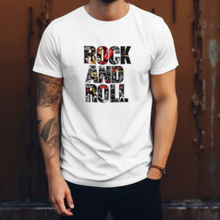 Camiseta masculina Rock and Roll estampada manga curta casual