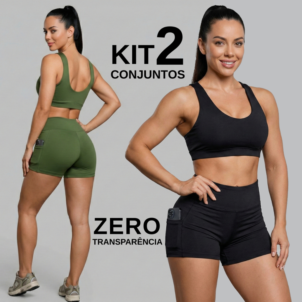 Kit 2 Conjunto Feminino Fitness Top Short Bolso Suplex Premium Roupa de Academia Treino Corrida