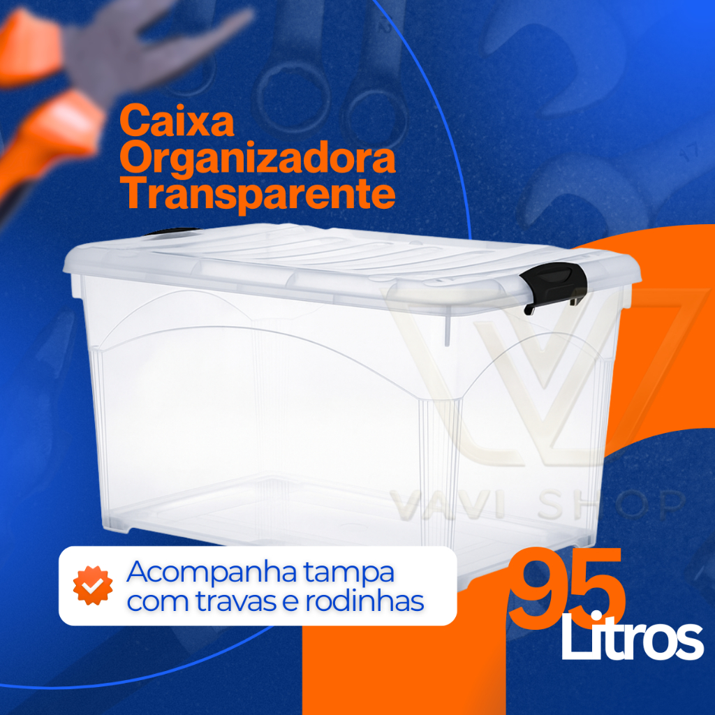 Container Transparente Rodinhas 95 Litros Caixa Organizadora Grande ...