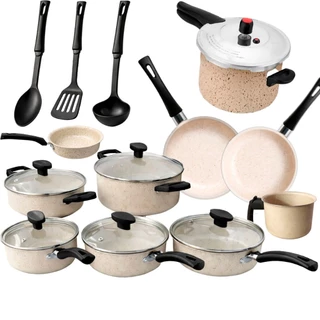 Jogo de Panela 17 Peças +Panela de Pressão 4,5L Conjunto Kit Teflon Antiaderente Frigideira Caçarola em Oferta na Shopee