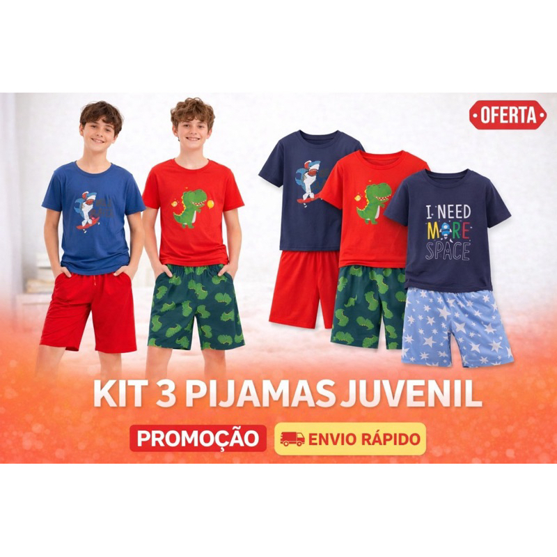 Kit 3 pijamas Juvenil 10 ao 14  Menino  Premium em Oferta na Shopee