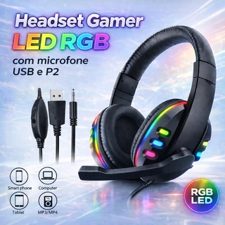 Headset Gamer RGB com Microfone USB e P2 para PC Computador Videogame Headphone