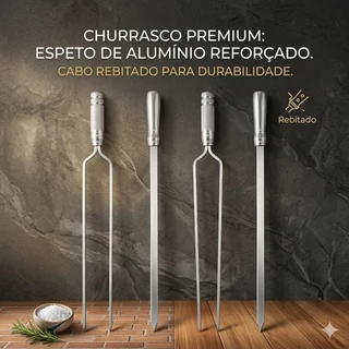 Kit Espetos Churrasco Aluminio 4 Unidades Duplo Simples Chato Profissional 50cm 60cm 70cm 80cm Resistente
