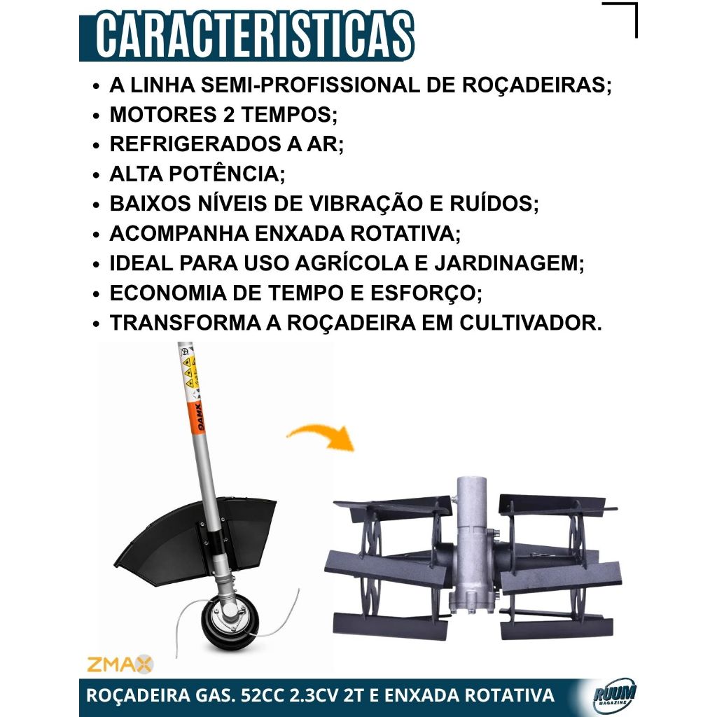 Kit Roçadeira Zmax ZR52X 52cc 2,1HP 6500 rpm + Enxada Rotativa