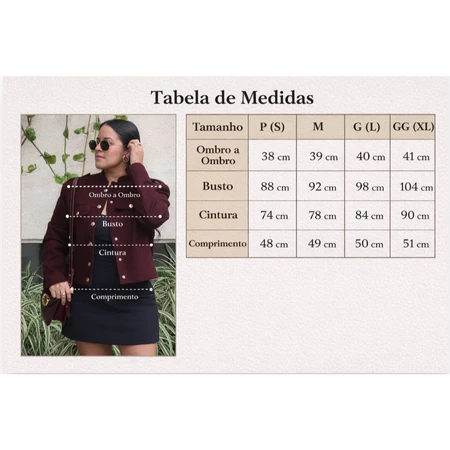 Tabela de medidas da jaqueta estruturada com tamanhos P, M, G e GG