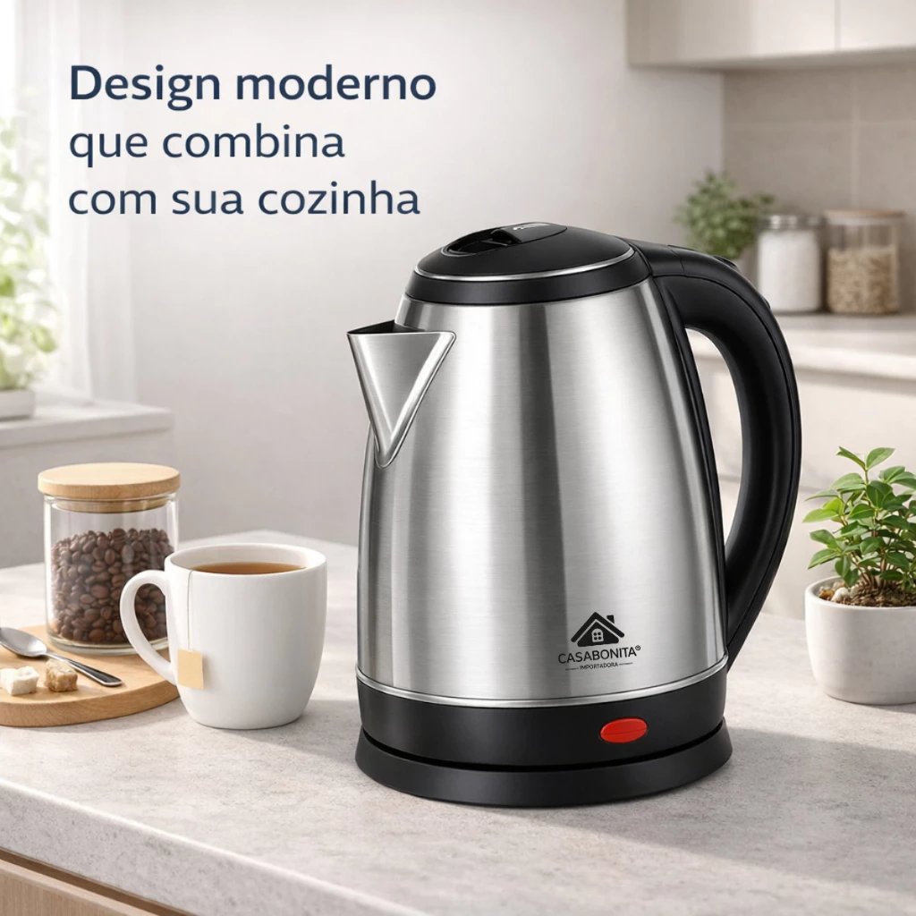 Chaleira Elétrica Inox 1,8L 110V com Desligamento Automático para Chá e Café CASA BONITA