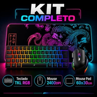 Kit Gamer Teclado TKL Semi Mecânico RGB + Mouse Gamer 2400DPI 7 Botões + Mouse Pad Grande 60x30cm