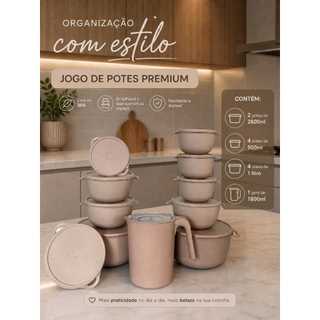 kit 10 Potes com Jarra Bowls Redondo Plástico Tampa Hermética Organizador Alimentos Marmita