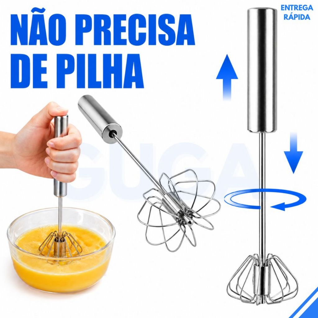 Kit 1/2 Mixer Manual Batedor Semi-Automático Aço Inoxidável 