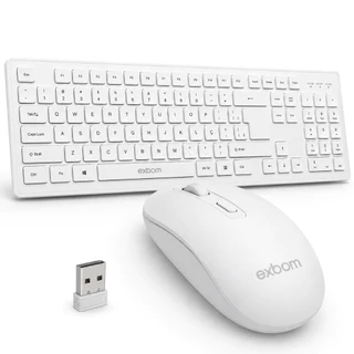 Teclado Sem Fio Branco ABNT2 Mouse Ergonômico USB PC Notebook Home Office PLUG AND PLAY Kit Completo Exbom