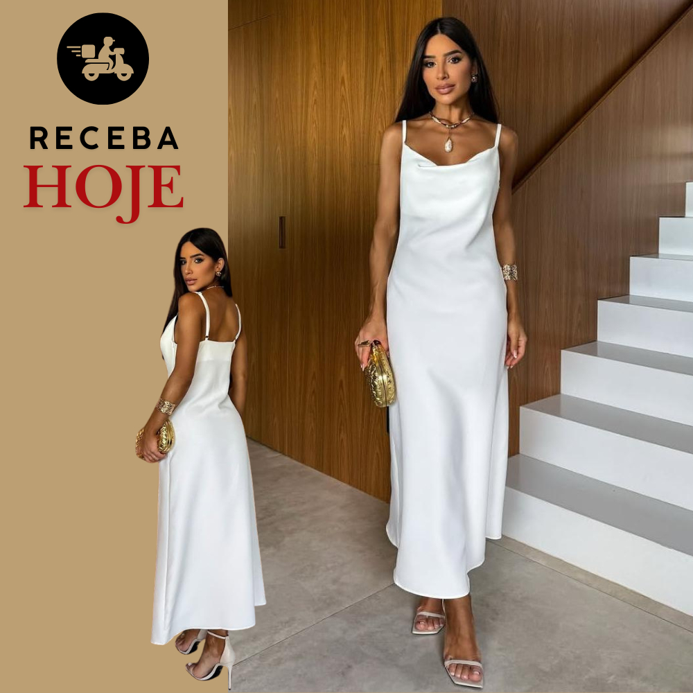 Vestido midi elegante feminino alça fina gola drapeada