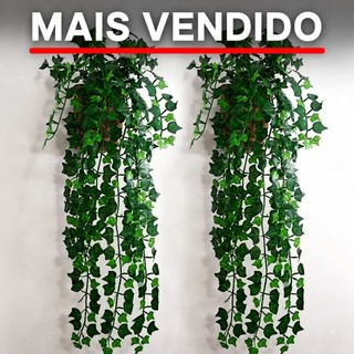 1 Kit Vaso trançado + 2 Planta Pendurada Verde Artificial Parede Varanda pendente verde caida