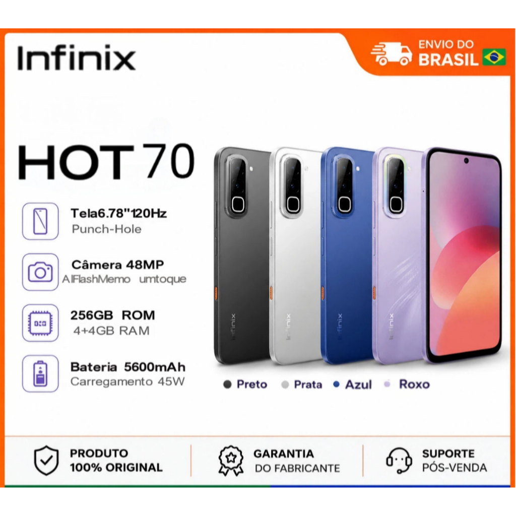 Smartphone Infinix Hot 70 NFC 256GB 4+4GB RAM Tela 120Hz Câmera