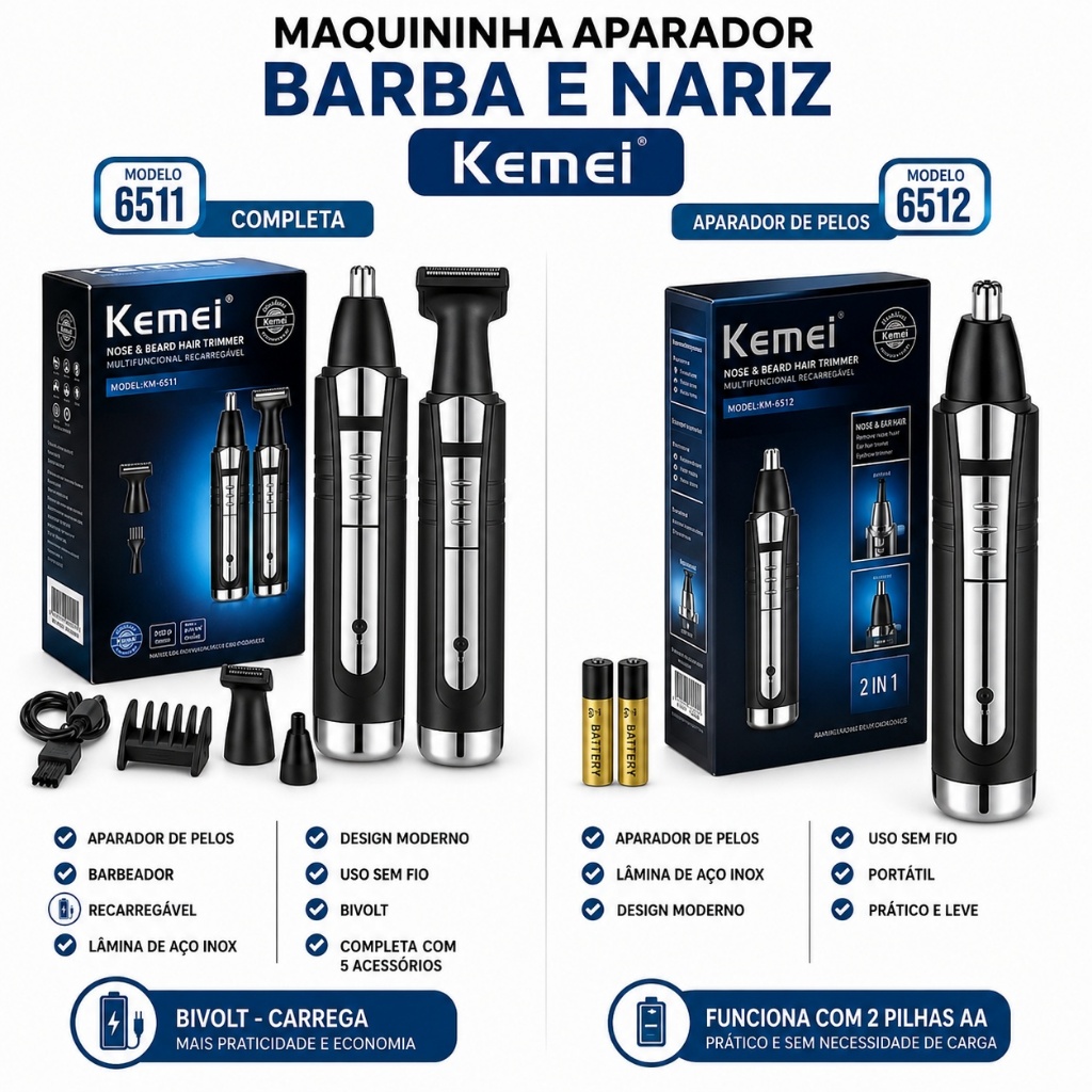 Máquina Cortar Cabelo Kemei Aparador Tirar Pelos Nariz Barba