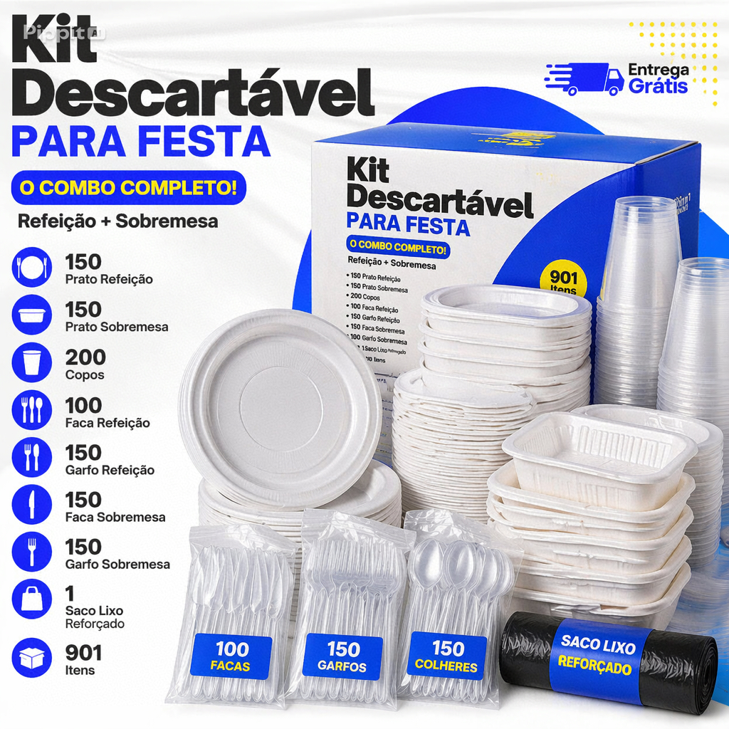 Kit Descartaveis Para festa 901 Itens: Pratos Gafos Facas Copos Saco de ...