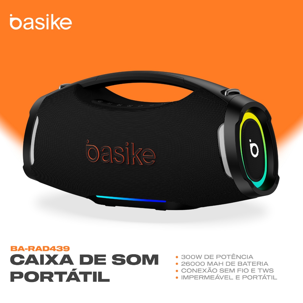 Caixa de Som Bluetooth Basike 300W Boombox 26000mAh IPX6 À Prova D’água RGB TWS Som Grave Forte