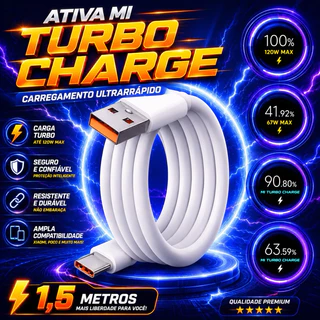 Cabo Turbo 120w 67w 33w 6A Tipo C Ativa Mi Turbo Charge 1,5m