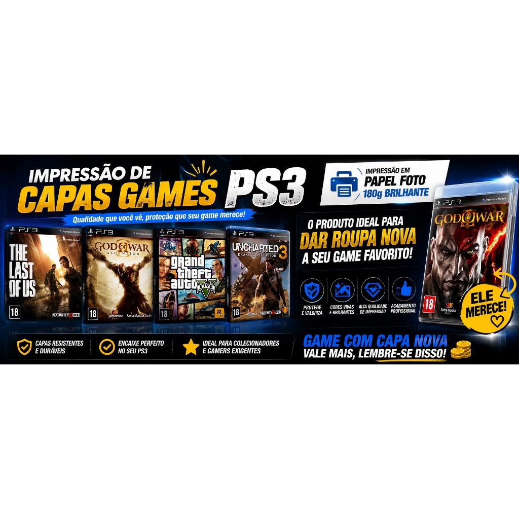 KIT 6 Capas PS3 🎮 Impressa em Papel Foto 180g Brilhante | Reposição - Cores vibrantes e acabamento profissional