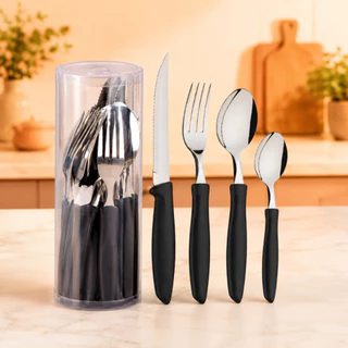 Kit 48 Talheres Preto Inox Premium Cabo Plástico 12 Faca 12 Garfo 12 Colher 12 Colher Sobremesa /Cha