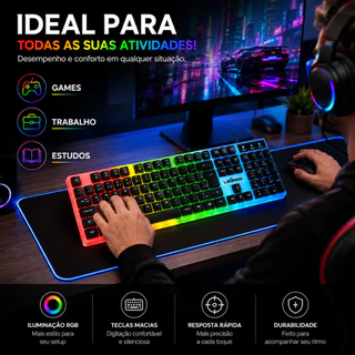 Teclado Gamer RGB USB ABNT2 Semimecânico Preto e Branco LED Colorido para PC e Notebook com Teclas Macias