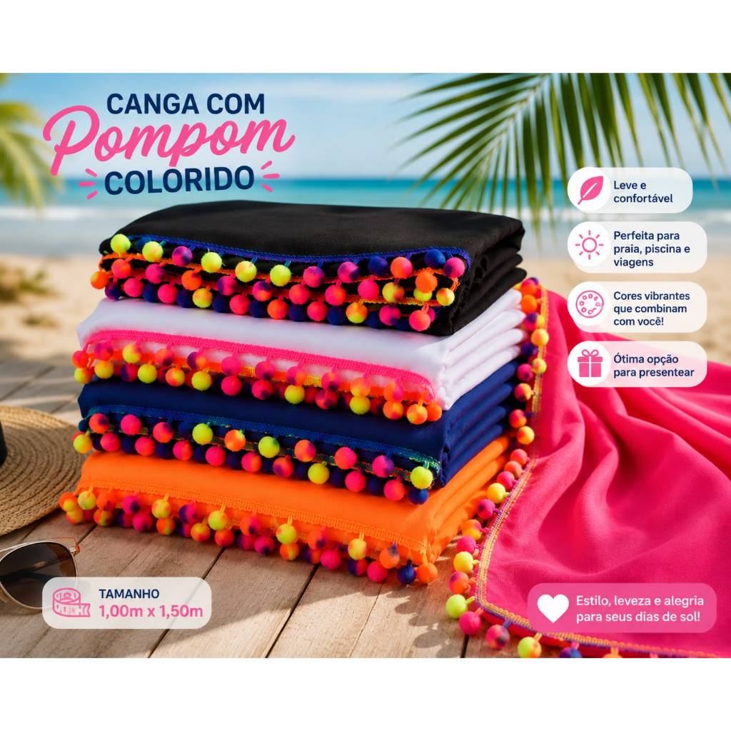 Canga de Praia com Pompom Colorido 1,00×1,50m | Saída de Praia Feminina | Praia e Piscina