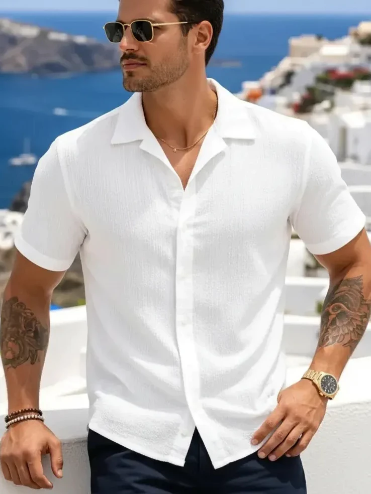 Camisa Masculina Texturizada Com Botões Old Money Estilosa Praia Verão Preto Off White Marrom Verde