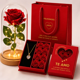 Presente Romântico Rosa Encantada Eterna com Colar Coração Luxo Dia dos Namorados Dia das Mães