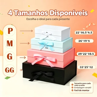 Caixa Presente Magnética Dobrável 6 Cores 4 Tamanhos | Embalagem Luxo para Aniversário, Casamento e Natal com Laço