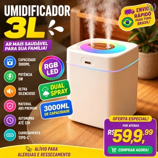 Umidificador Grande 3L Silencioso Névoa Dupla Luzes Coloridas Aromatizador para Quarto