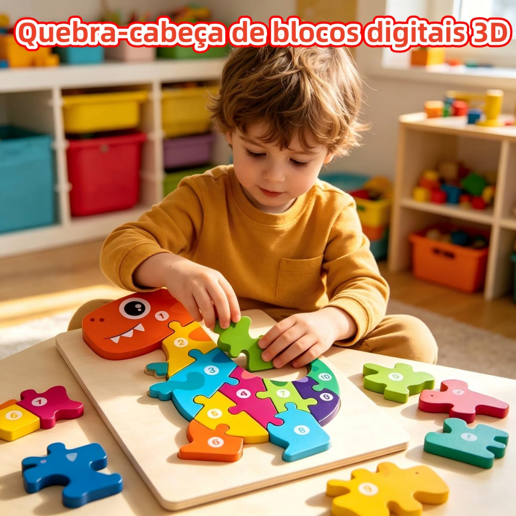 Quebra-Cabeça de Dino 3D em Madeira - Brinquedo Educativo Montessori para Bebês e Crianças Pequenas