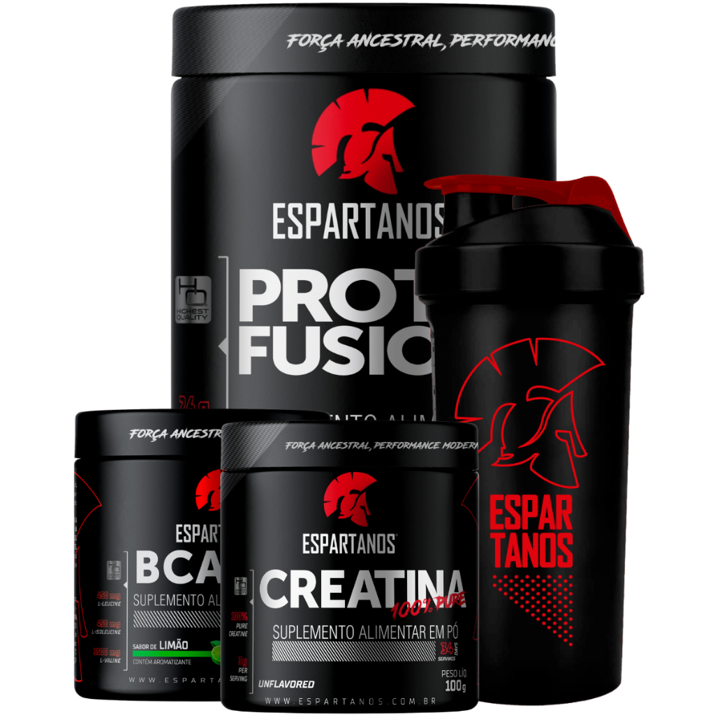 Kit Whey Protein Fusion + Bcaa + Creatina + Shaker - Espartanos