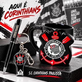 Kit Presente Oficial Corinthians Caneca Porcelana 3D 270ml + Caneta + Chaveiro Cortador de Unha