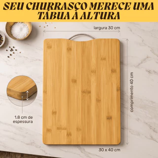 Tábua de Corte Bambu Premium Grande 40x30cm Grossa 1,8cm com Alça Inox para Churrasco Carne Legumes Cozinha