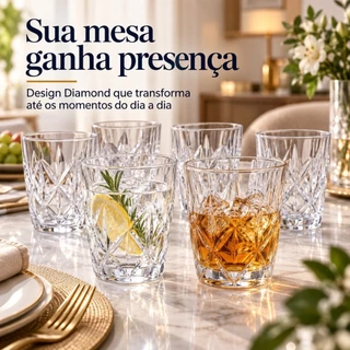 Conjunto de Copos Diamond 290ML Luxo Vidro Grosso Moderno Suco Água Whisky Transparente escolha seu kit 6 12 ou 24 copos