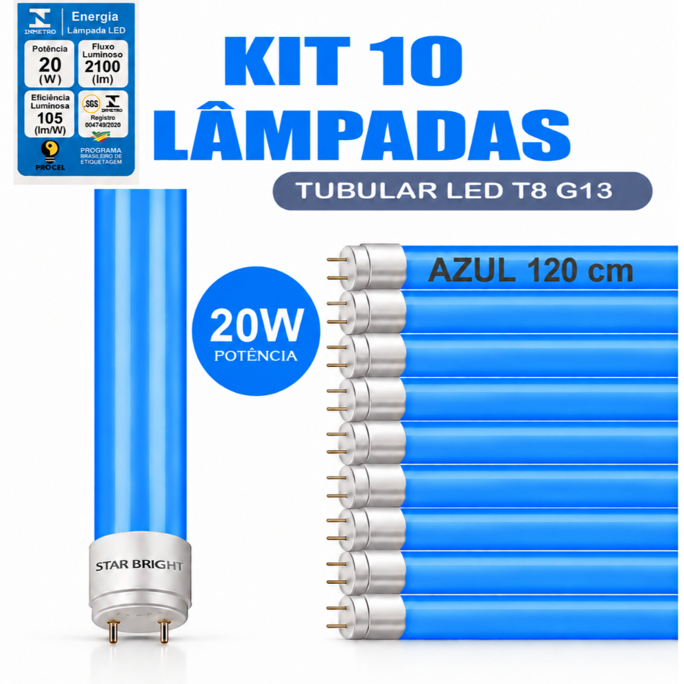 Kit Azul 10 Lâmpadas Tubular LED Colorida 20W 120cm G13 Bivolt ...