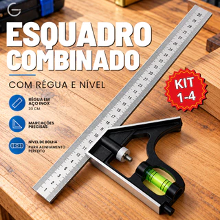 Esquadro Combinado Inox Profissional com Nível 12 Pol 30cm Prata Com Nível de bolha para medição
