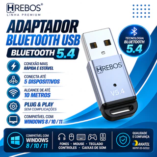 Adaptador Bluetooth USB 5.4 para PC Notebook Até 5 Dispositivos Simultâneos Win 8/10/11 Alcance 10m