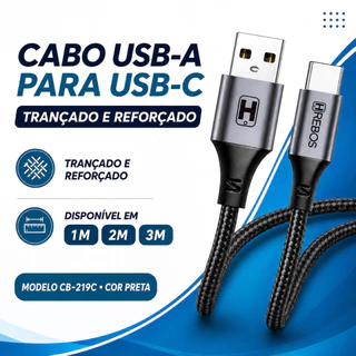 Cabo USB-A para USB-C Tipo C Hrebos Trançado Reforçado 1m 2m 3m