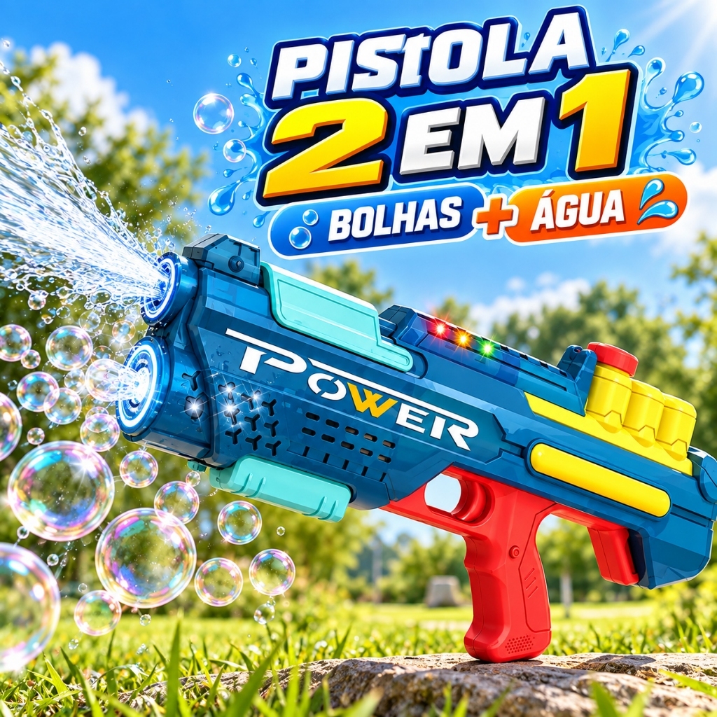 Pistola 2 em 1 Água e Bolhas Elétrica Recarregável Automática com Luz ...
